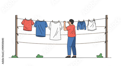 Man hanging laundry on clothesline, cartoon style, everyday chore illustration