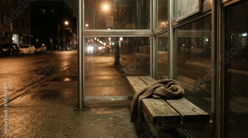 All about the Feel, emotion-forward, tender, sensory, intimate, An empty bus stop at night with a forgotten scarf on the bench, loneliness aesthetic