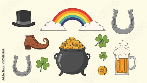 Saint patrick day lucky symbols include a rainbow, pot of gold, shamrocks, horseshoe, and a mug of beer on a cream background.