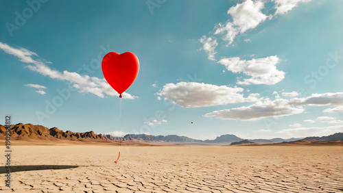 Minimal desert landscape with single red ball on dry sand, wide open sky and calm horizon creating surreal contrast and peaceful nature background