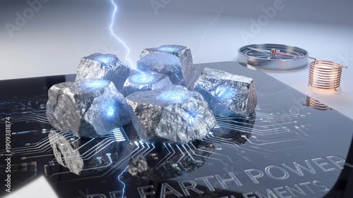 Rare earth mineral nuggets glowing reflective circuit board with power coil and modern elements evoking advanced energy innovation and industrial