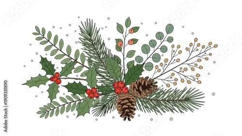 Christmas floral arrangement with pine needles, holly berries, and brown pinecones creates a festive winter holiday decoration.