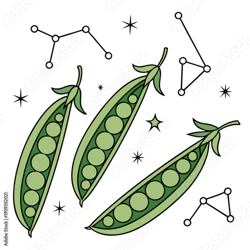 Green peas forming zodiac signs with star constellations