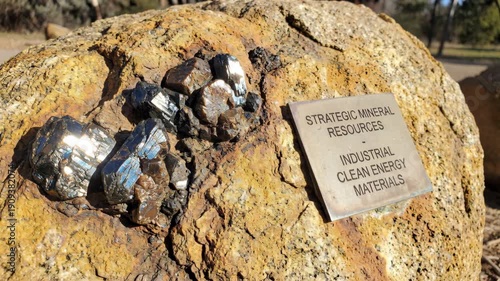 Rare earth mineral cluster nestled sunlit weathered rock plaque outdoor exhibit highlighting strategic mineral resource and clean energy materials