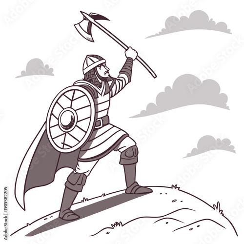 Medieval warrior standing on hill with axe and shield