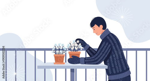 Man in Winter Clothes Tending to Potted Plants on Balcony