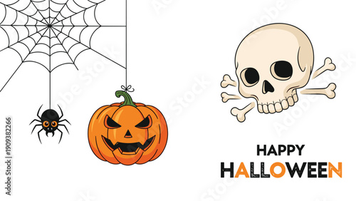 Happy halloween banner displays a scary carved pumpkin, a spider on its web, and a skull with crossbones on a white backdrop.