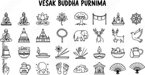 Vesak Buddha Purnima Icons: Line Art Collection of Buddhist Symbols, Deities, and Cultural Elements for India Holiday