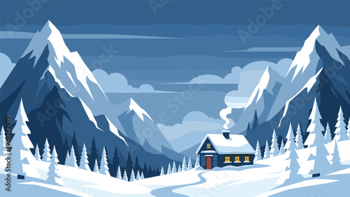 Winter mountain landscape at night features a cozy wooden cabin with a lit window and smoke rising from the chimney in snow.