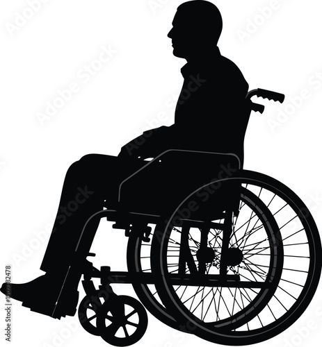 Man sitting in a wheelchair with a thoughtful expression facing left side view illustration