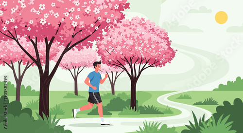 Man jogging in park with blooming cherry blossom trees, spring season
