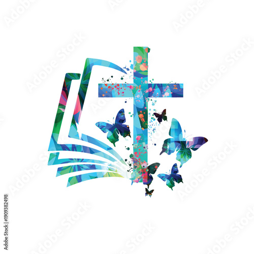 Abstract Christian Cross and Open Bible with Butterflies Isolated on White Background, Spiritual Blue and Teal Illustration
