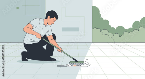Man mopping floor with brush, cleaning outdoor patio, modern illustration style