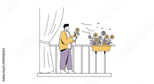 Man on balcony holding flowers, minimalist illustration, spring garden concept