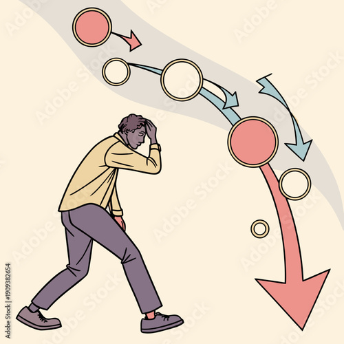Man struggling with downward flow of abstract shapes and arrows