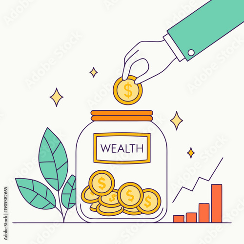Hand placing coin into glass jar labeled wealth with coins inside