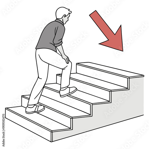 Man stepping down stairs with downward arrow steps