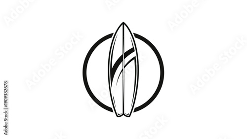 A monochromatic emblem featuring a surfboard centered within a solid black ring