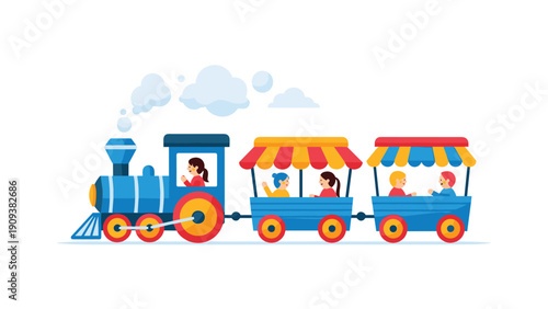 Colorful toy train carries happy children in open carriages with striped awnings as it travels across a white background.