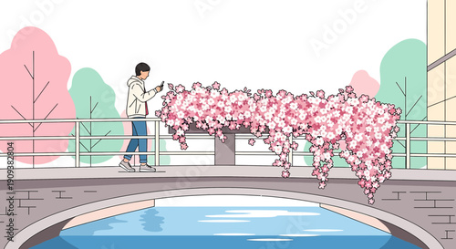 Man on bridge admiring blooming cherry blossoms over water