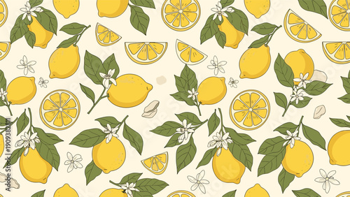 Intricate seamless pattern displays hand drawn lemons, citrus flowers, and green leaves on a warm cream colored background.