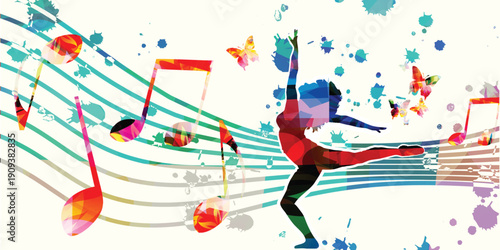 Abstract Contemporary Dance Illustration with Female Dancer Silhouette, Musical Notes and Colorful Splatters Isolated on White Background