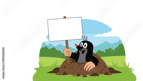Cartoon mole peeks out of its hole in a green field while holding up a blank white sign for your custom text or message.