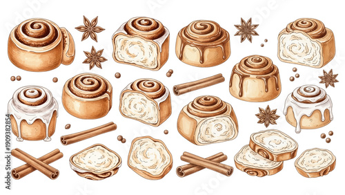 A charming watercolor collection of cozy bakery treats, featuring glazed cinnamon buns, spiral rolls, sliced pastries, and warm spice accents.