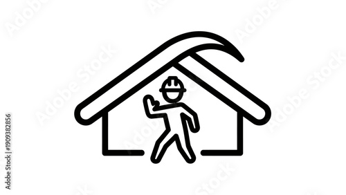 Line art icon of a person wearing a hard hat, inside a simplified house outline