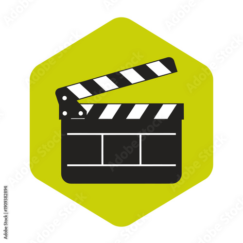 A black and white film clapperboard in a lime green hexagon, ready for action