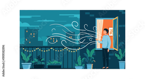 Man opening window, feeling fresh breeze on balcony with plants and city view at night