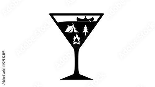 Silhouette of a martini glass filled with camping scenes canoe, tent, tree, and campfire
