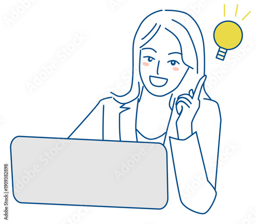 パソコン作業をしながらアイディアが閃いた表情のスーツの女性の線画