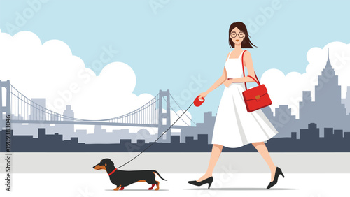 Elegant woman in a white dress walks her dachshund on a leash through a city park with a bridge and skyline in the background.