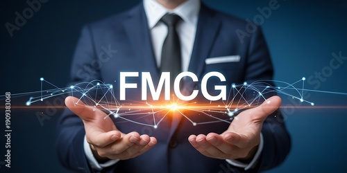 A businessman in a suit holds a network of connections with the acronym FMCG between his hands, symbolizing consumer goods and business strategy