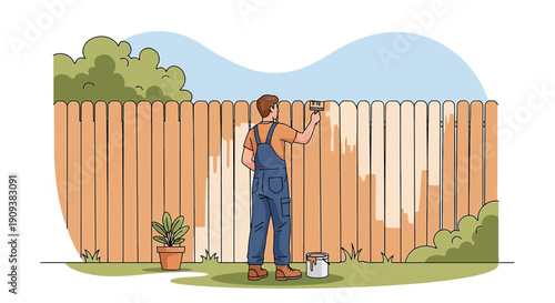 Man Painting Wooden Fence in Garden