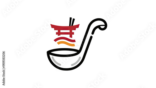 A logo design depicts a ladle beside a Torii gate with chopsticks, steam and soup