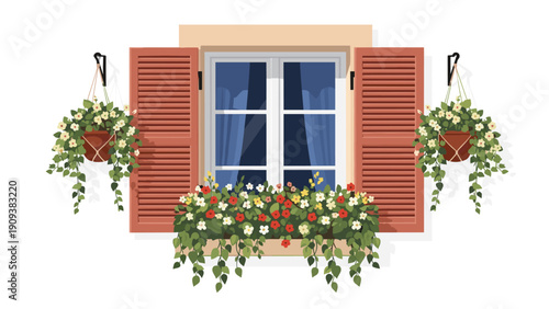 Beautiful house window with open brown shutters and wooden boxes filled with vibrant blooming flowers and green vines.