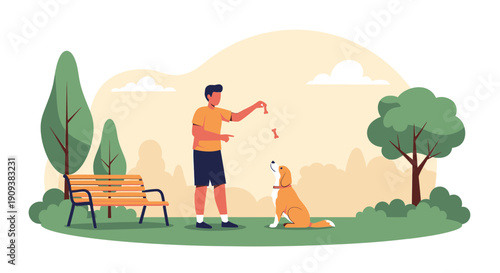 Man Playing Fetch With Dog In Park - Flat Illustration