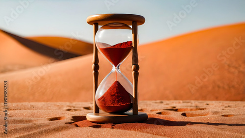 Minimal hourglass with red sand on soft desert background, symbolic love and time concept showing patience balance and romantic emotional message