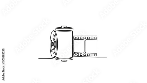Simple line art of a film reel, film canister, and a section of film