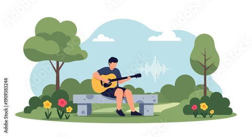 Man Playing Guitar in Park, Nature Sounds Visualization, Relaxing Summer Day