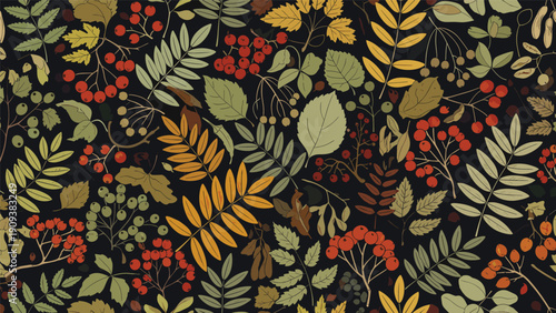 Elegant seamless pattern of diverse autumn leaves and bright red berries on a dark background for fall season textures.