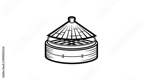 A black and white illustration of a bamboo steamer with open lid, set on white background