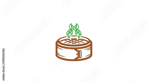 A brown cylindrical structure with a grill and green flame-like shapes rising above