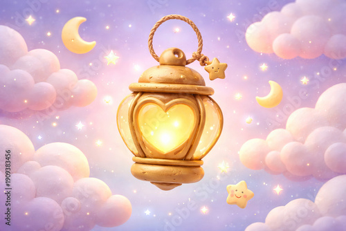 Whimsical lantern glowing softly amidst dreamy clouds and stars, evoking sense of wonder