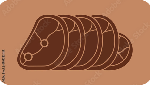 Stylized illustration of stacked meat cuts, brown on a brown background