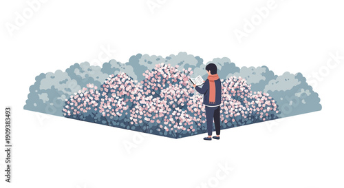 Man Reading Book In Front Of Blooming Bush