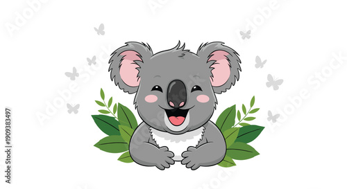 Joyful gray koala surrounded by green tropical leaves and delicate white butterflies with a wide open mouth and happy eyes.