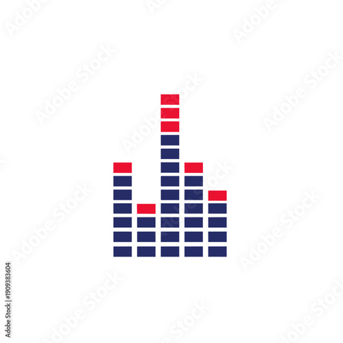 A stylized sound wave graphic with red and blue rectangular bars of varying heights